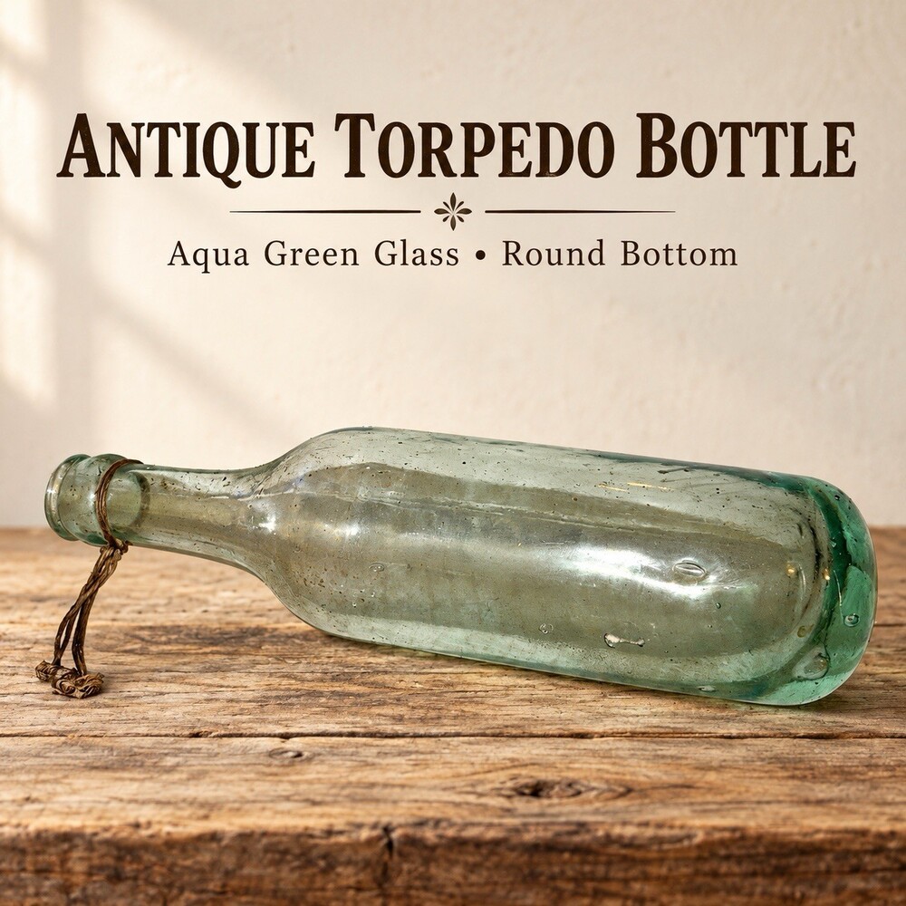 Antique Aqua Green Glass Torpedo Bottle Round Bottom Soda Mineral Water 9”